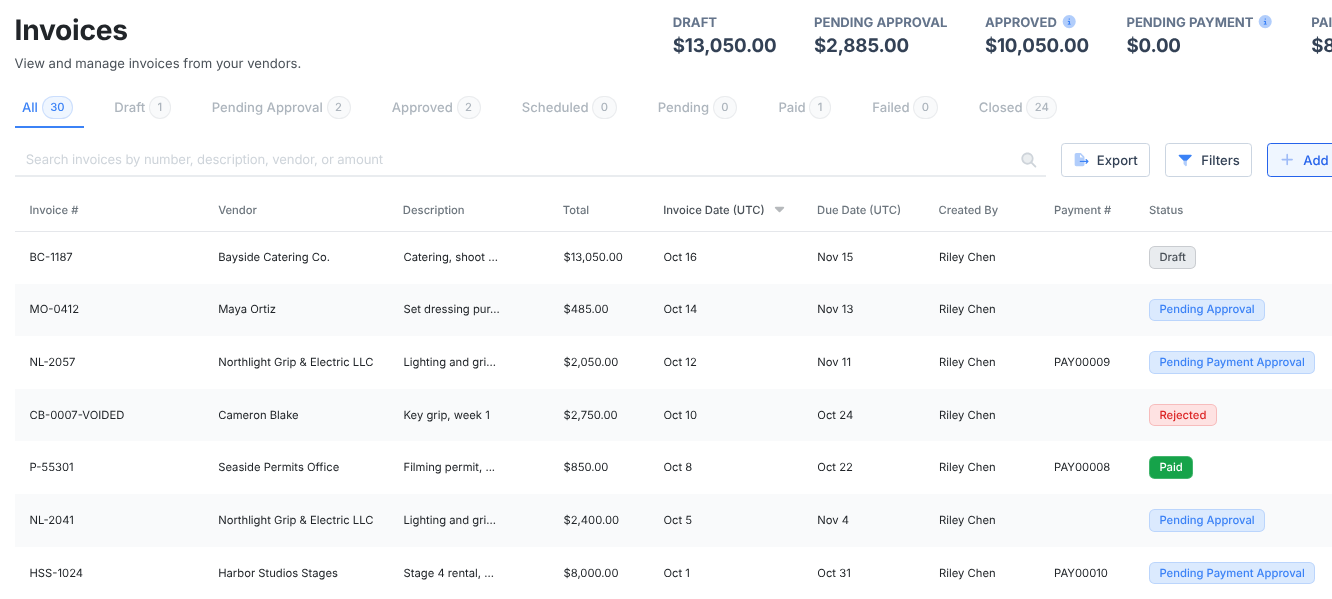 The Invoices page: totals by status across the top, the status tabs, and invoices in Draft, Pending Approval, Pending Payment Approval, Rejected and Paid.