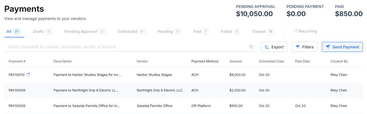 The Payments page with its status tabs, the Recurring tab, Send Payment, and three payments.