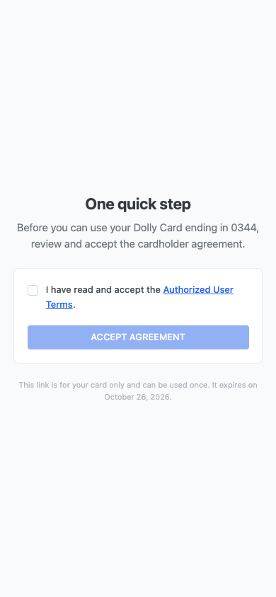 The One quick step page asking the cardholder to accept the agreement.
