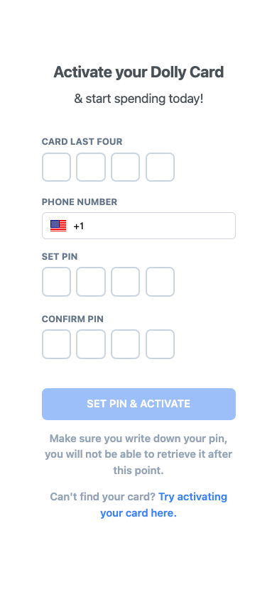 The Activate your Dolly Card page on a phone.