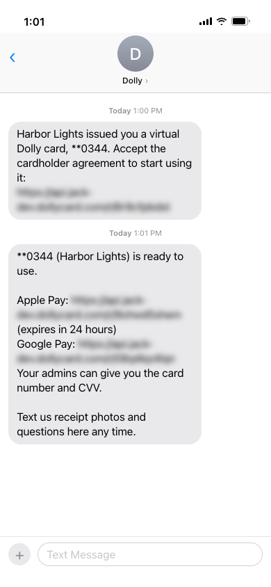 Dolly texts the cardholder agreement link, then texts that the card is ready with Apple Pay and Google Pay links.