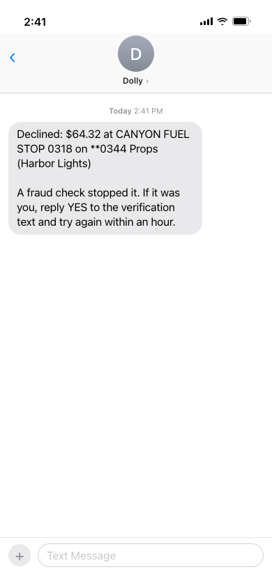 Dolly texts that a fuel purchase was declined by a fraud check and to reply YES to the verification text.