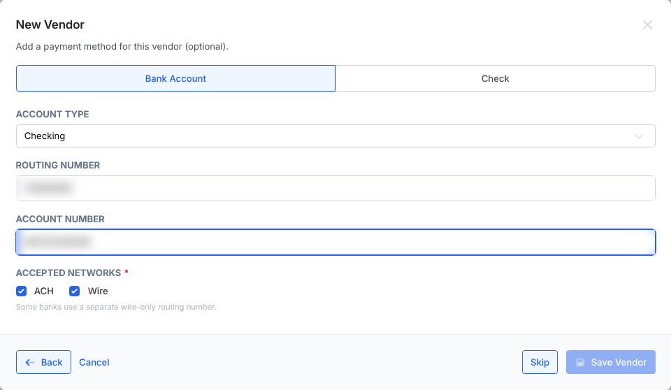 The payment method step: Bank Account or Check, with account type, routing number, account number and accepted networks ACH and Wire.