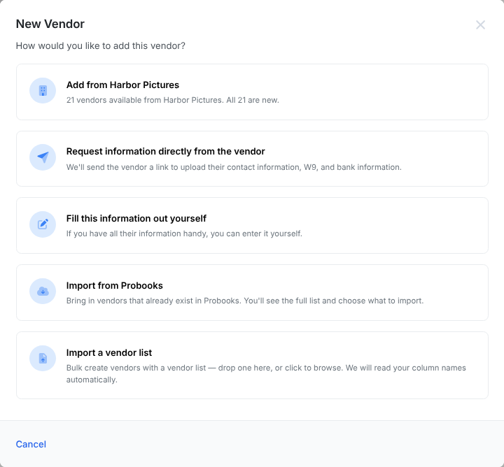 The New Vendor window: Add from your studio, Request information directly from the vendor, Fill this information out yourself, Import from Probooks, and Import a vendor list.