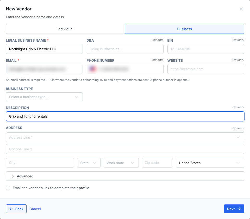 The New Vendor form for a business: Legal Business Name, DBA, EIN, Email, Phone Number, Website, Business Type, Description and Address.