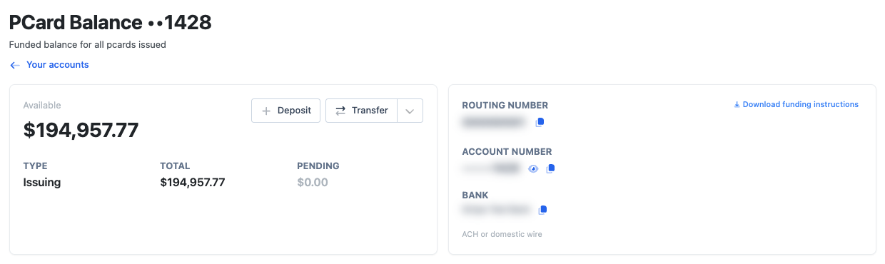 A balance page with the available amount, Deposit and Transfer, and the routing and account numbers for wires and ACH.