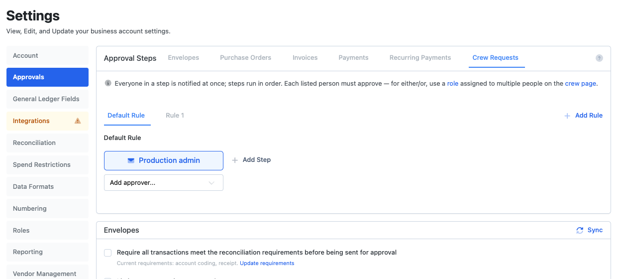 Settings, Approvals, Crew Requests tab with one step for the Production admin role.