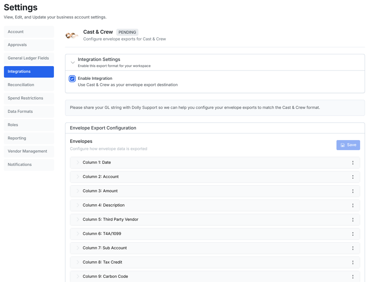 The Cast & Crew settings with Enable Integration ticked, a PENDING badge, a note to share your GL string with Dolly Support, and the envelope export columns.