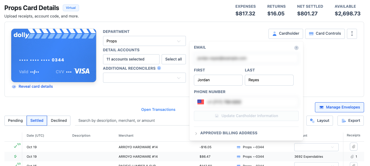 The Cardholder panel with name, email and phone, and Update Cardholder Information.