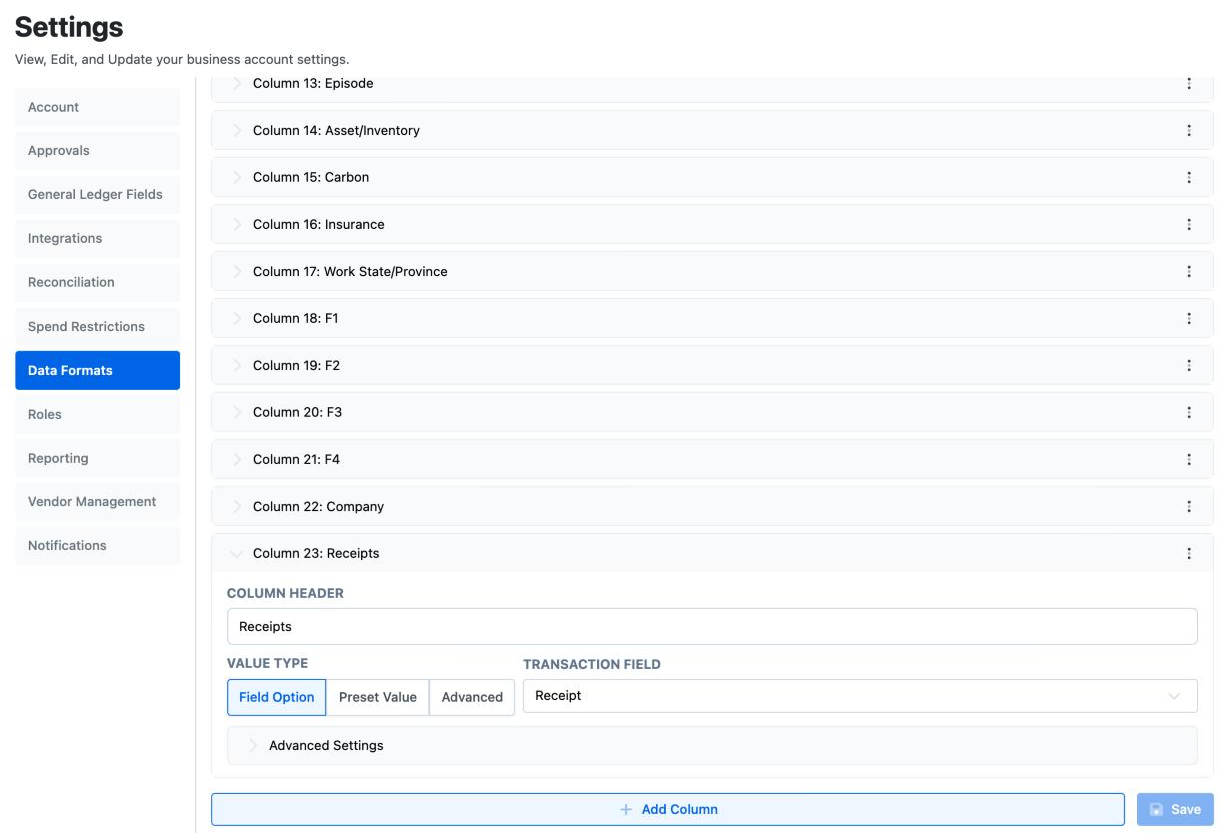 Settings, Data Formats, the Card Transactions export: a list of columns, one open to show Column Header, Value Type and Transaction Field, with Add Column and Save.