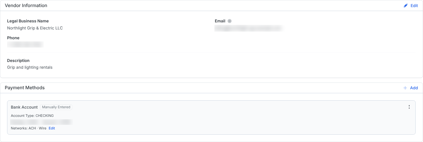 A vendor page showing Vendor Information with Edit, and Payment Methods with Add and a bank account.
