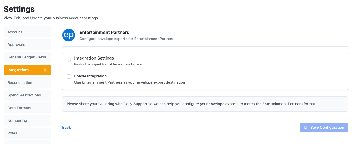 The Entertainment Partners settings with Enable Integration and a note to share your GL string with Dolly Support.