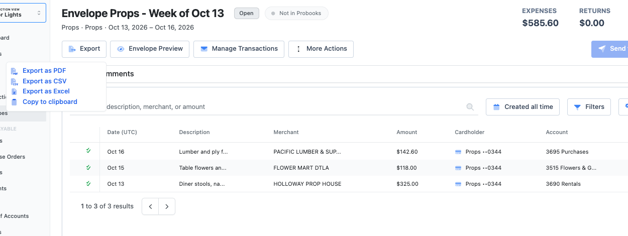 The Export menu on an envelope: Export as PDF, CSV or Excel, and Copy to clipboard.