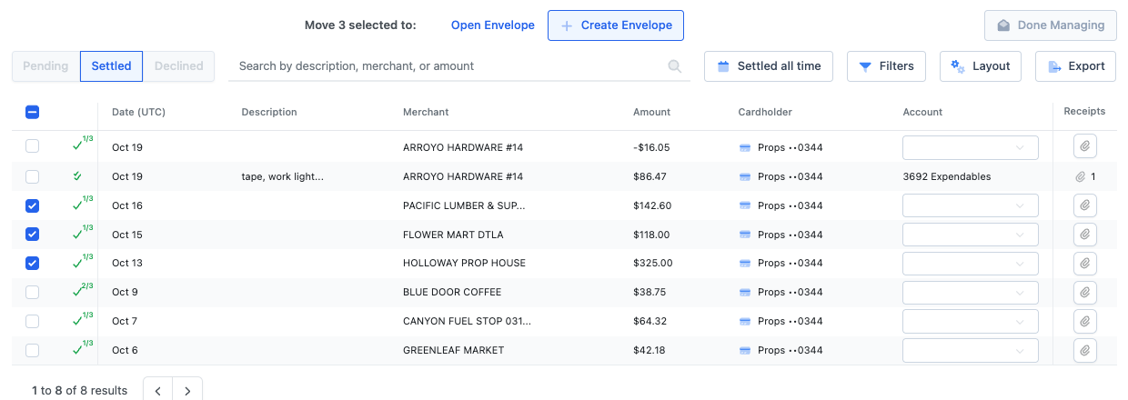 Manage Envelopes with three charges selected and Move 3 selected to.