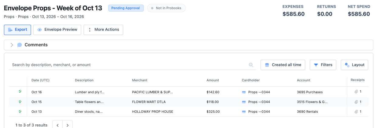 A sent envelope as crew see it, Pending Approval, with its three charges and receipts.
