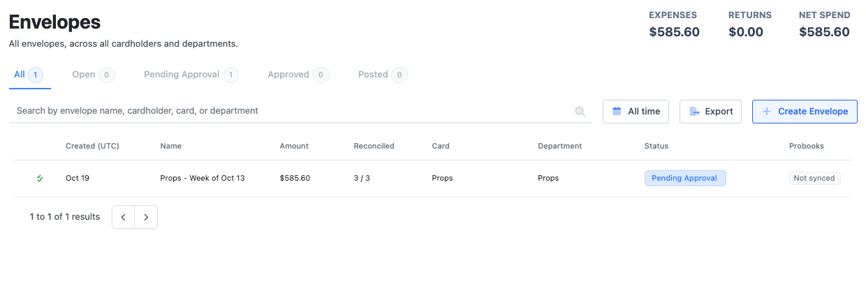 The Envelopes page listing one envelope, three of three charges reconciled, Pending Approval.