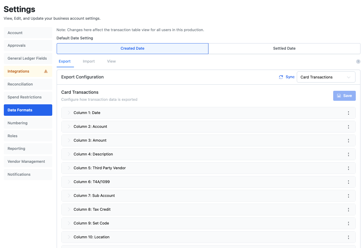 Settings, Data Formats, Export for Card Transactions, listing each column.