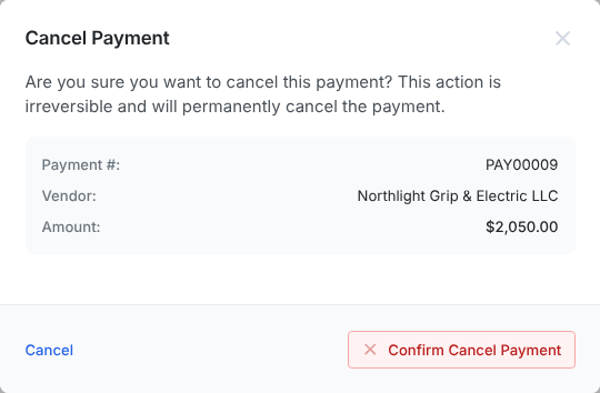 The Cancel Payment window with the payment number, vendor and amount, and Confirm Cancel Payment.