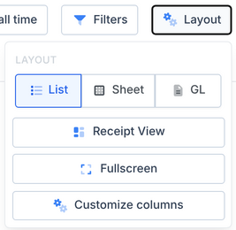 The Layout menu: List, Sheet and GL, then Receipt View, Fullscreen and Customize columns.