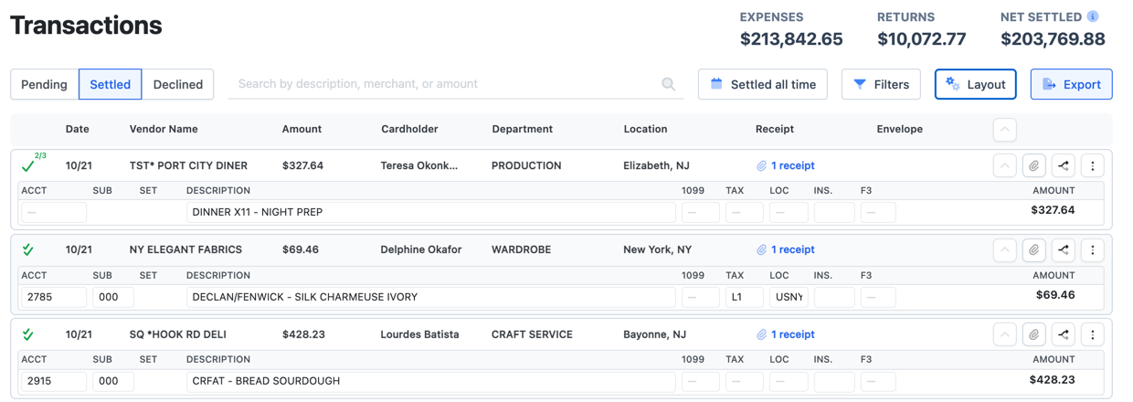 The Settled tab in GL: each charge is a card with its account, sub, set, description, tax and location boxes underneath.