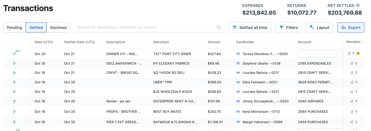 The Settled tab in List: one row per charge with date, description, merchant, amount, cardholder, account and receipts.