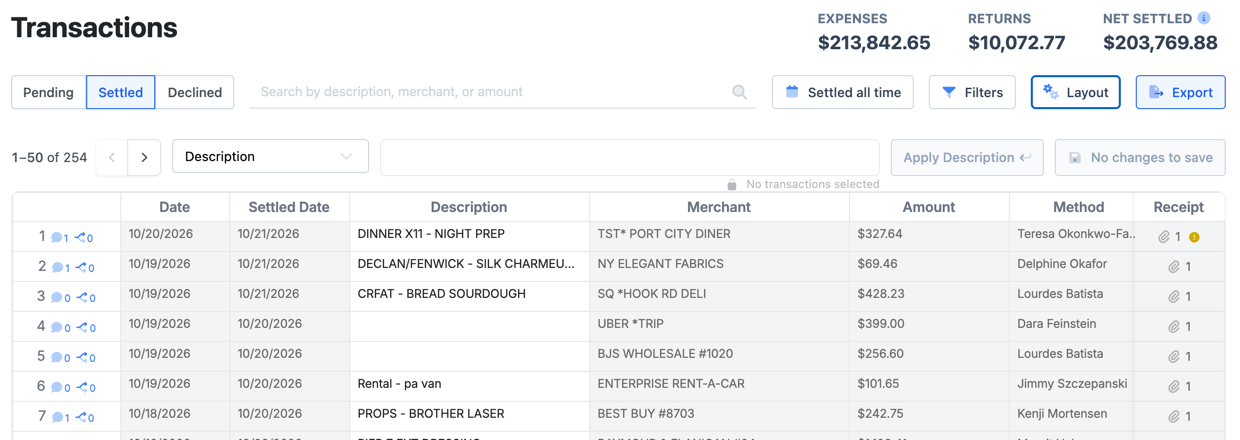 The Settled tab in Sheet: a numbered spreadsheet grid with a bulk edit bar and a No changes to save button above it.