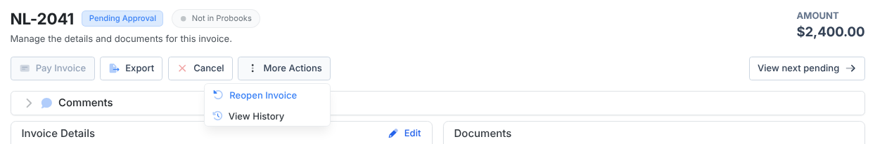 An invoice pending approval with the More Actions menu open, showing Reopen Invoice and View History.