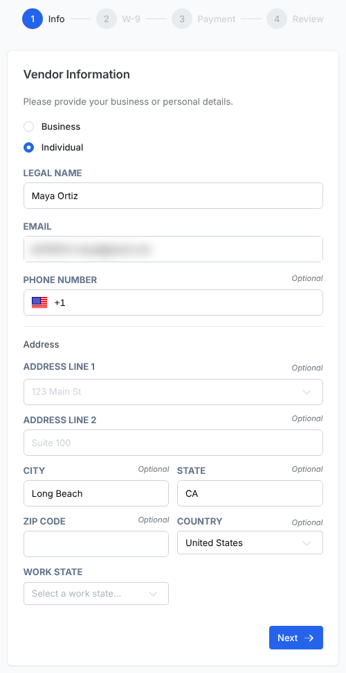 The vendor form, step 1 of 4, Info: business or individual, legal name, email, phone number, address and work state.