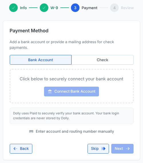 Step 3, Payment: Bank Account or Check, Connect Bank Account, an option to enter account and routing numbers by hand, and Skip.