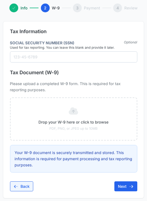 Step 2, W-9: a tax ID field and an upload area for a W-9 as a PDF, PNG or JPEG.