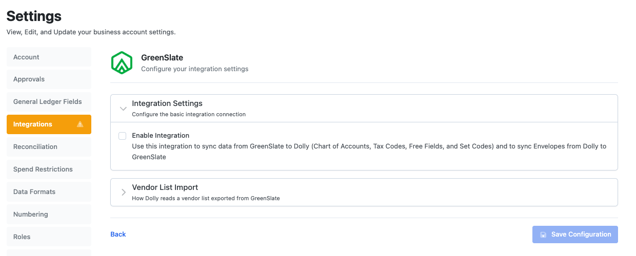 The GreenSlate settings with Enable Integration and Vendor List Import.