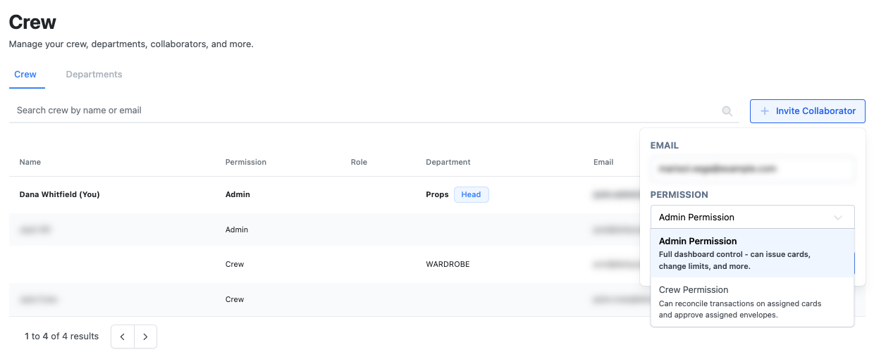 Invite Collaborator on the Crew page, choosing between Admin Permission and Crew Permission, with what each can do.
