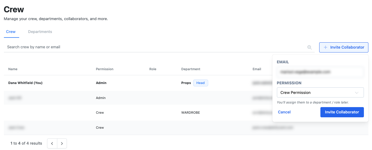 Invite Collaborator with Crew Permission chosen and the Invite Collaborator button.