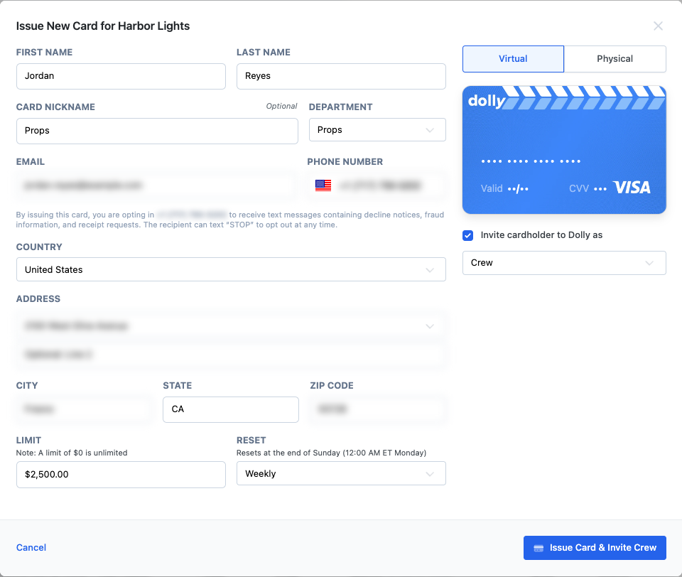 The Issue New Card form with name, department, contact details, address, limit and Invite cardholder to Dolly as Crew.