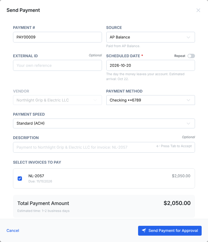 The Send Payment window: payment number, source AP Balance, external ID, scheduled date, vendor, payment method, Standard (ACH) payment speed, the invoice being paid and the total.