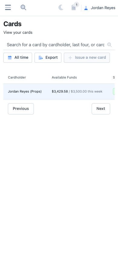 The Cards page on a phone, listing the cardholder’s card with what is left to spend this week.