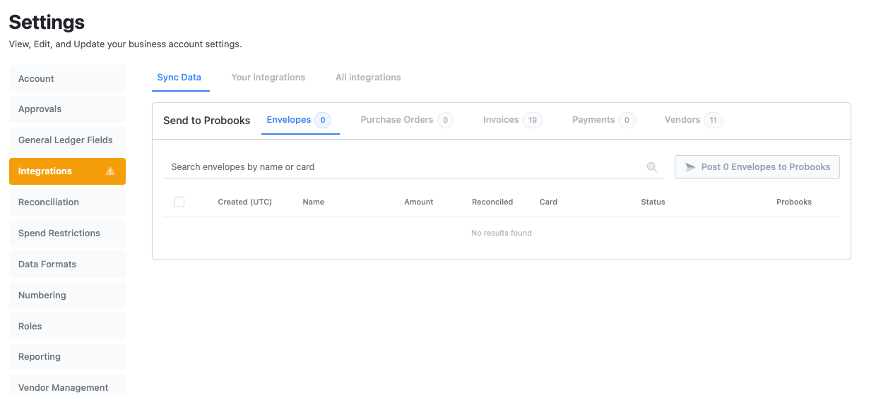 Settings, Integrations, Sync Data, Send to Probooks with tabs for envelopes, purchase orders, invoices, payments and vendors.