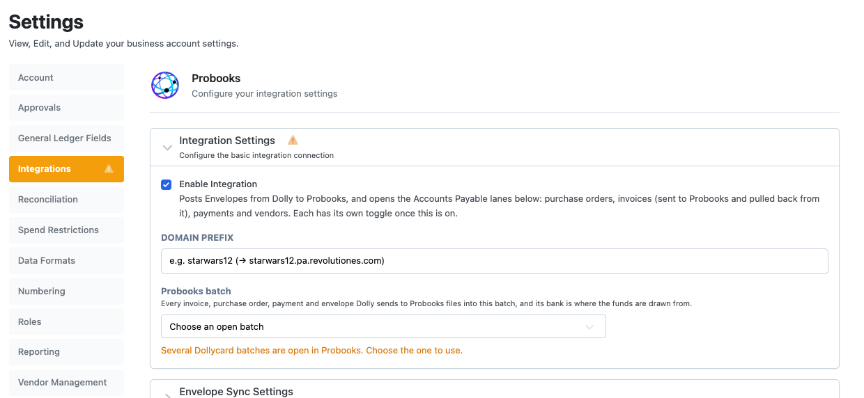 The Probooks settings: Enable Integration, Domain Prefix, Probooks batch, and sections for envelopes, accounts payable and vendor import.