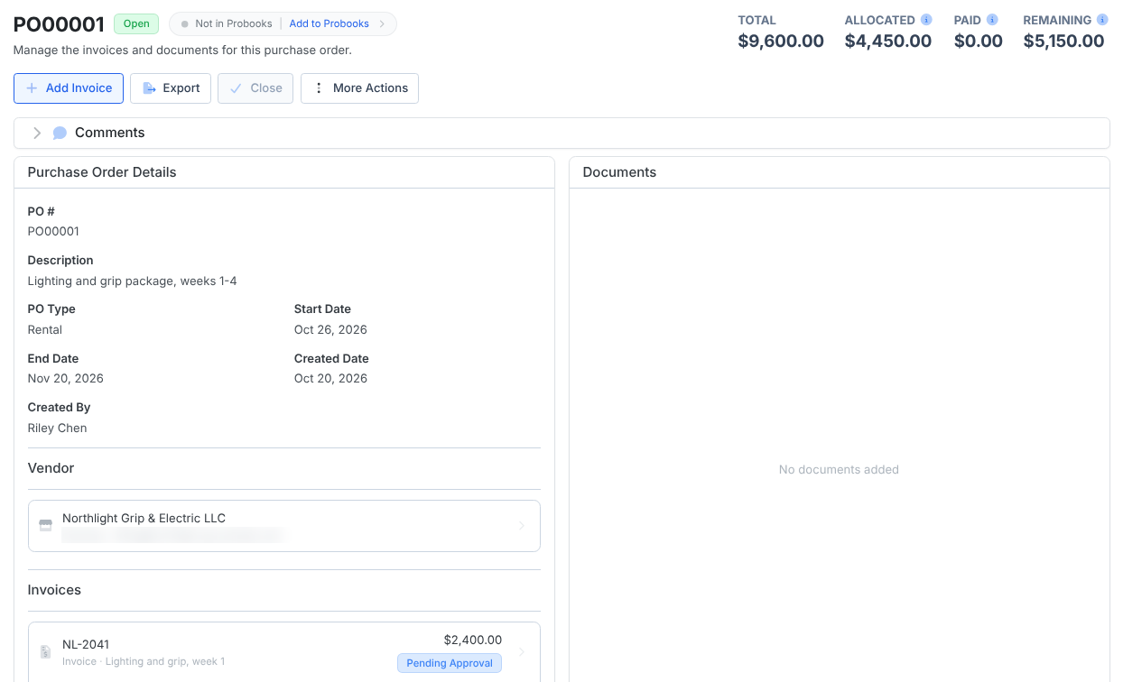 An open purchase order showing Total, Allocated, Paid and Remaining, its details, vendor, and the invoices billed against it.