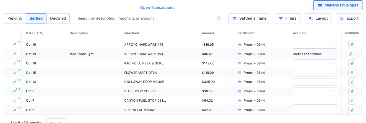 The Transactions list with check marks showing each charge’s progress.