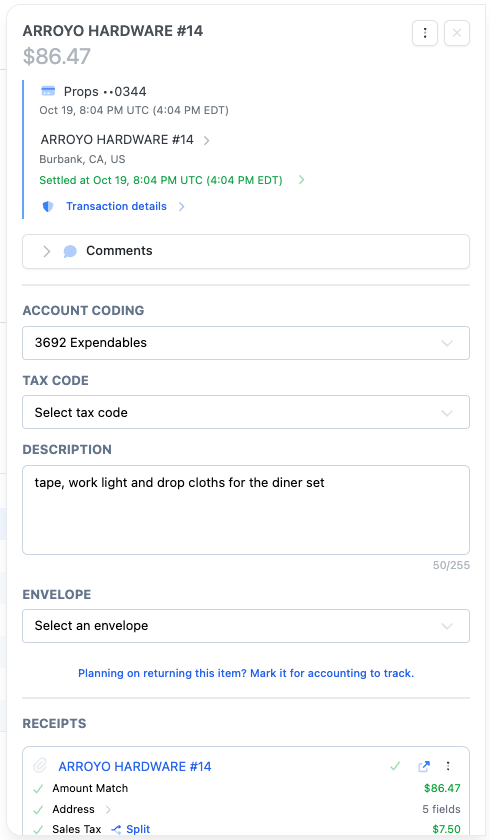 A settled charge with Account Coding and Description filled in.