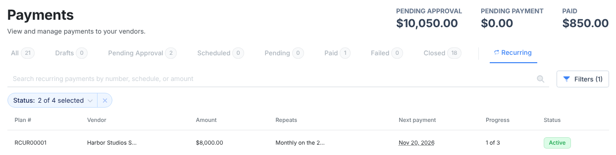 The Recurring tab on Payments listing a plan with its vendor, amount, schedule, next payment, progress 1 of 3 and Active status.