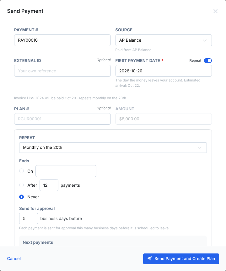 Send Payment with Repeat on: first payment date, plan number, repeat monthly on the 20th, ends never (or on a date, or after a number of payments), send for approval 5 business days before, and Send Payment and Create Plan.