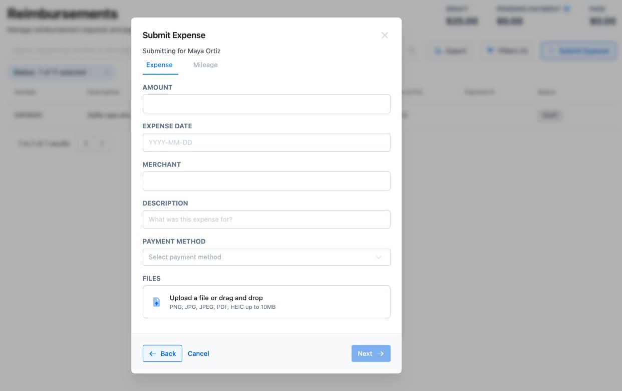 The Submit Expense form: Expense and Mileage tabs, Amount, Expense Date, Merchant, Description, Payment Method and Files, with Back, Cancel and Next.
