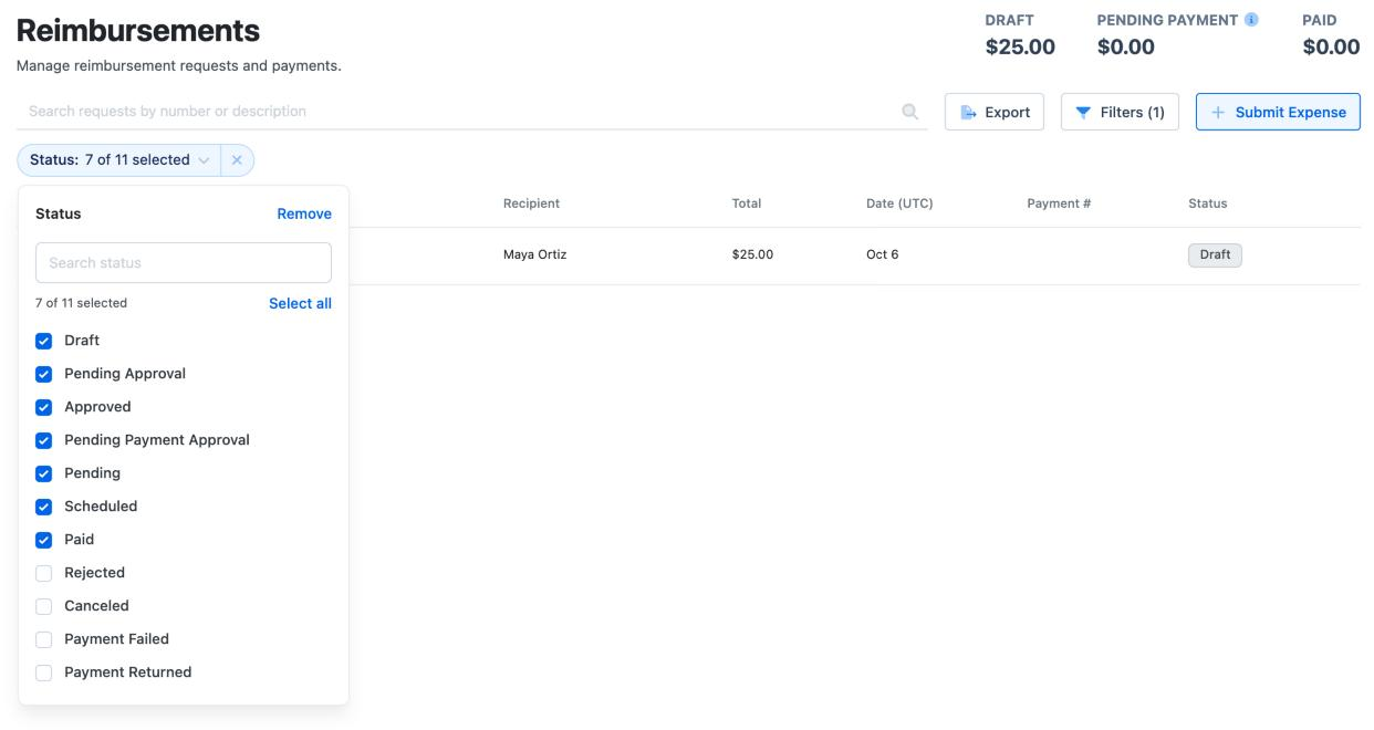The Reimbursements list with the Status filter open, listing every status from Draft to Payment Returned.