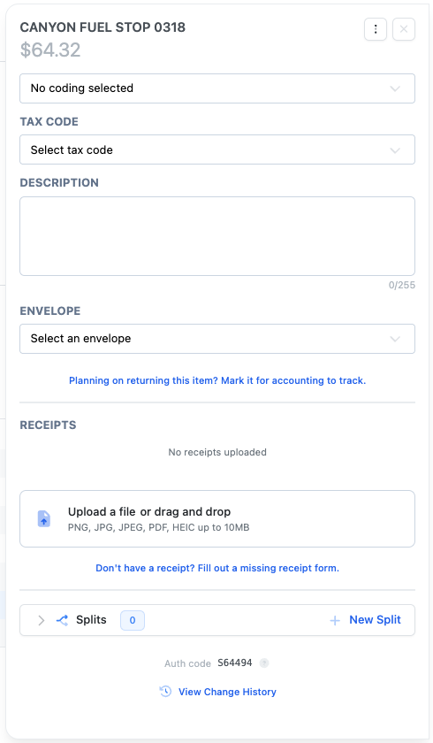 A charge with no receipt and the link Don’t have a receipt? Fill out a missing receipt form.