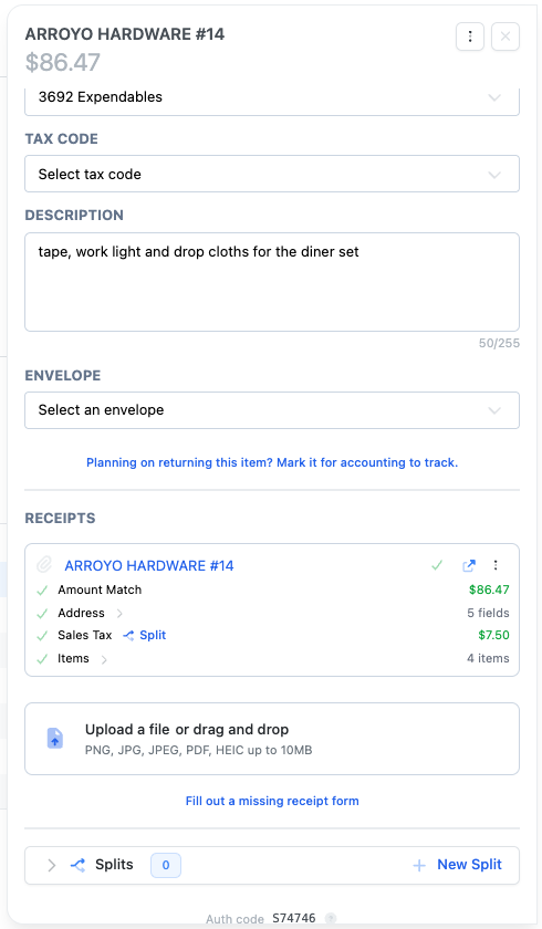 A charge open on the web with its receipt checked against the amount, and the upload box below.