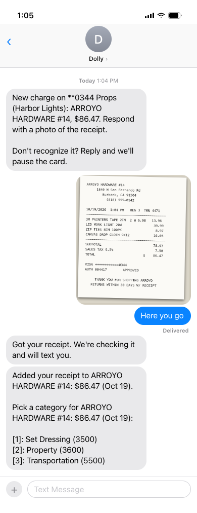 A text conversation: Dolly asks for the receipt for a new charge, the cardholder replies with a photo, and Dolly adds it and asks for the account.