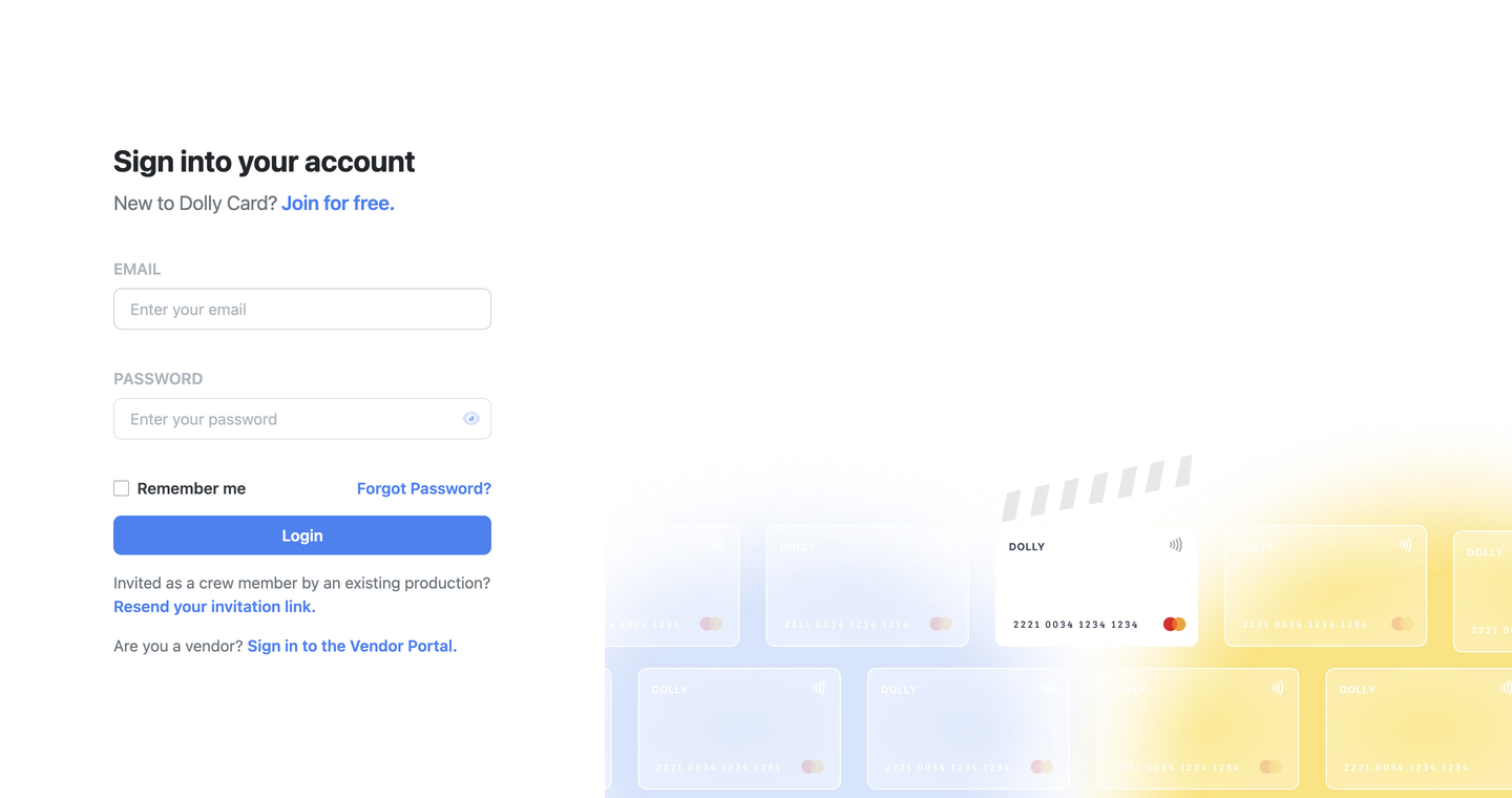 The Dolly sign-in page with email, password, Login and Forgot Password?.