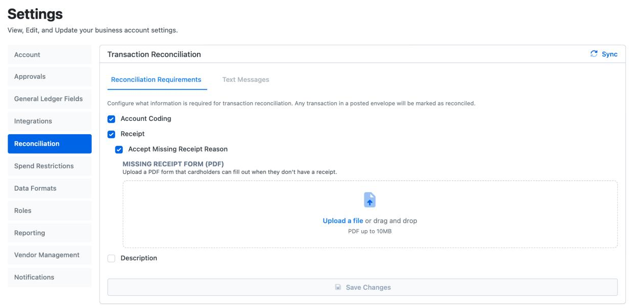 Settings, Reconciliation, Reconciliation Requirements: Account Coding, Receipt and Accept Missing Receipt Reason ticked, the Missing Receipt Form upload, and Description unticked.